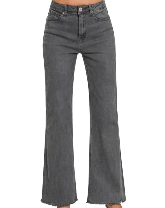 Ash Black Straight Leg Raw Hem Pants