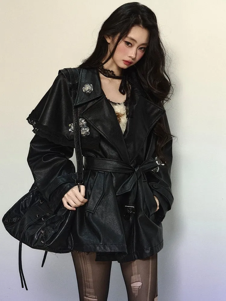 Black Floral Notched Collar PU Blazer