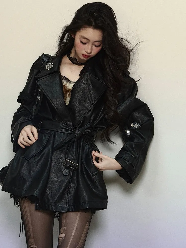 Black Floral Notched Collar PU Blazer