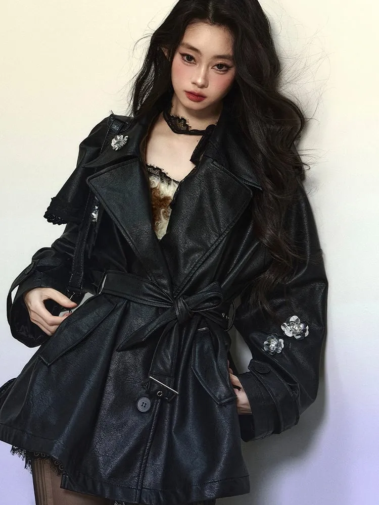 Black Floral Notched Collar PU Blazer