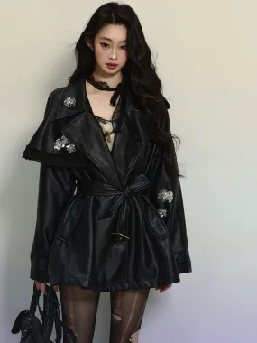 Black Floral Notched Collar PU Blazer