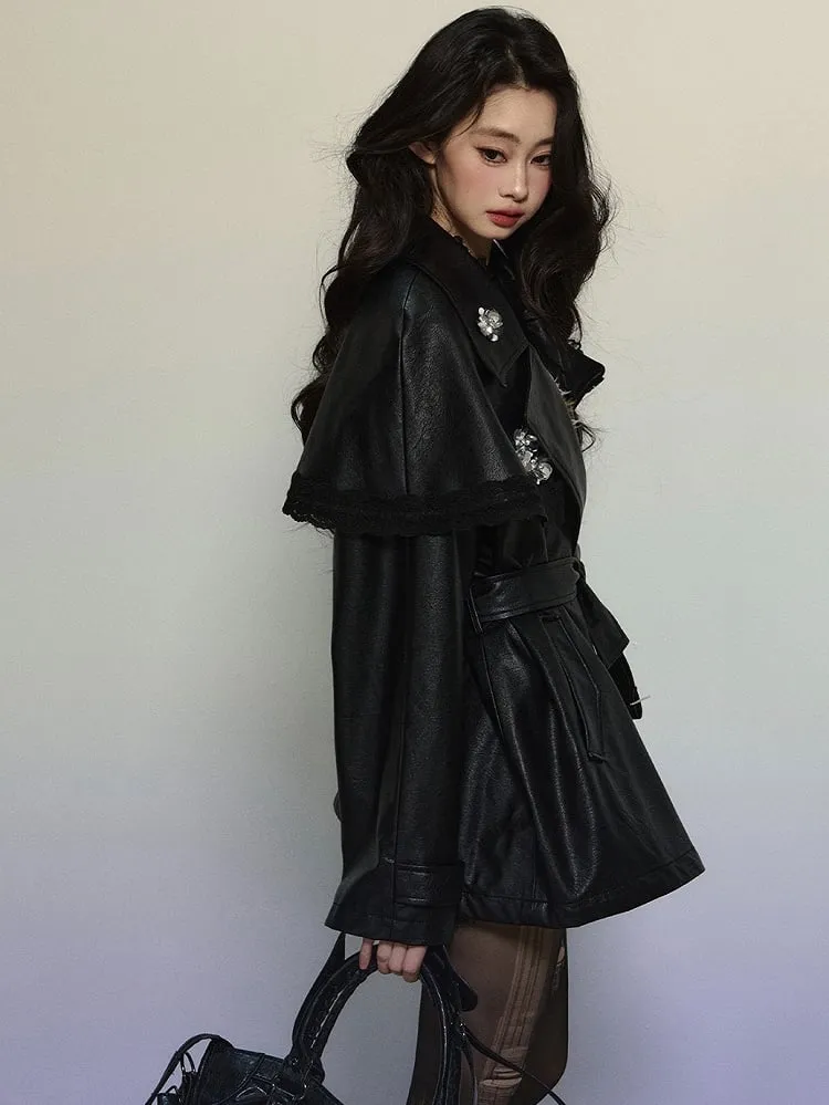 Black Floral Notched Collar PU Blazer