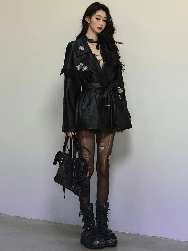 Black Floral Notched Collar PU Blazer