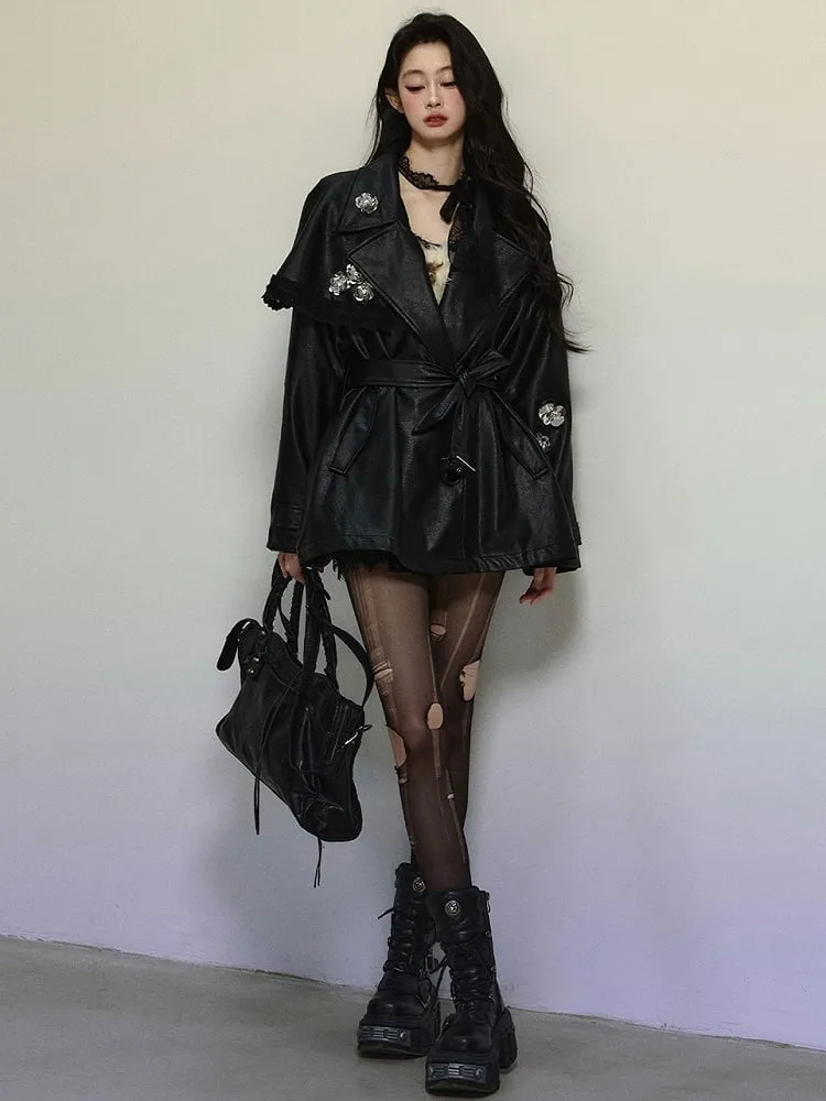 Black Floral Notched Collar PU Blazer