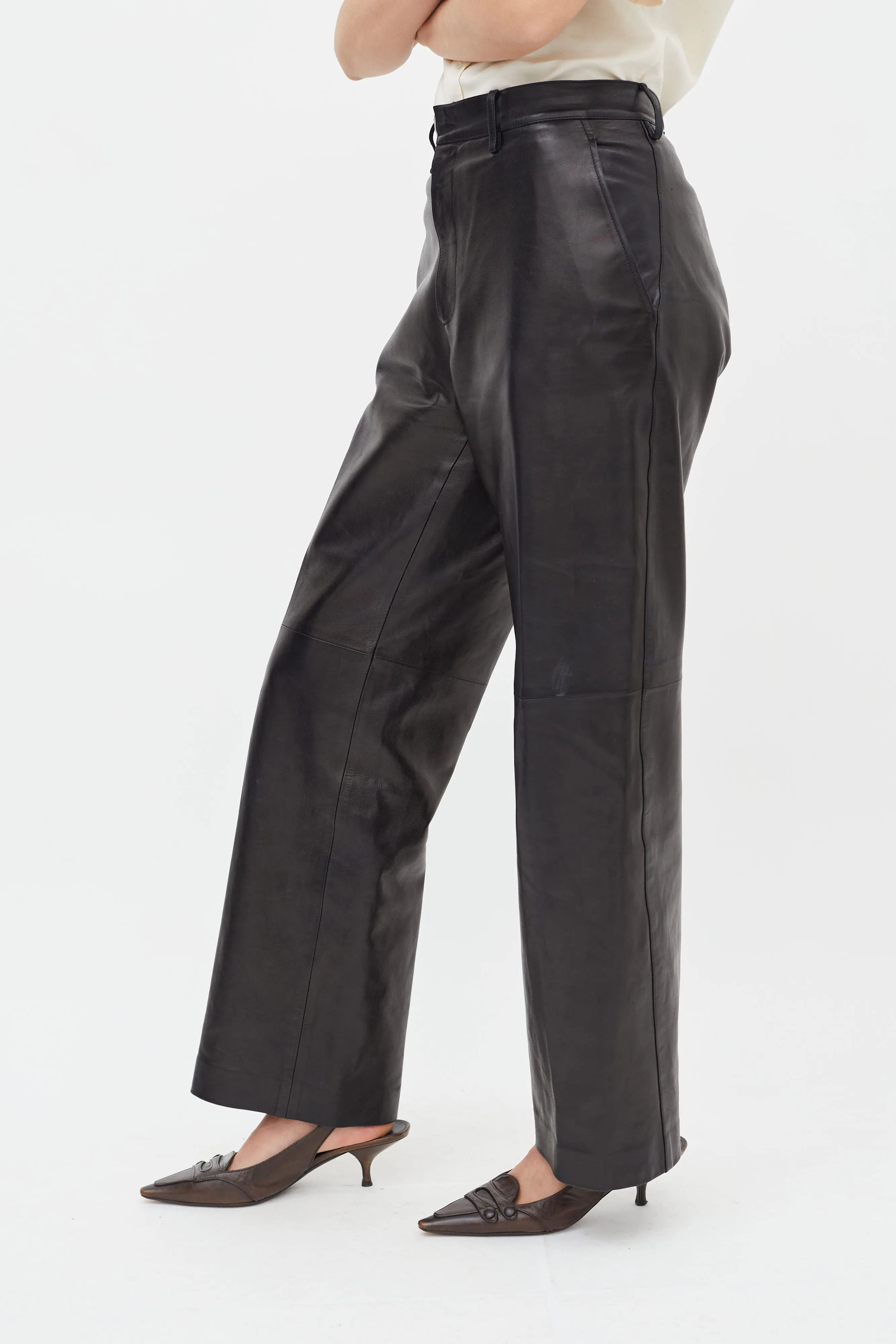 Black Leather Straight Leg Trouser