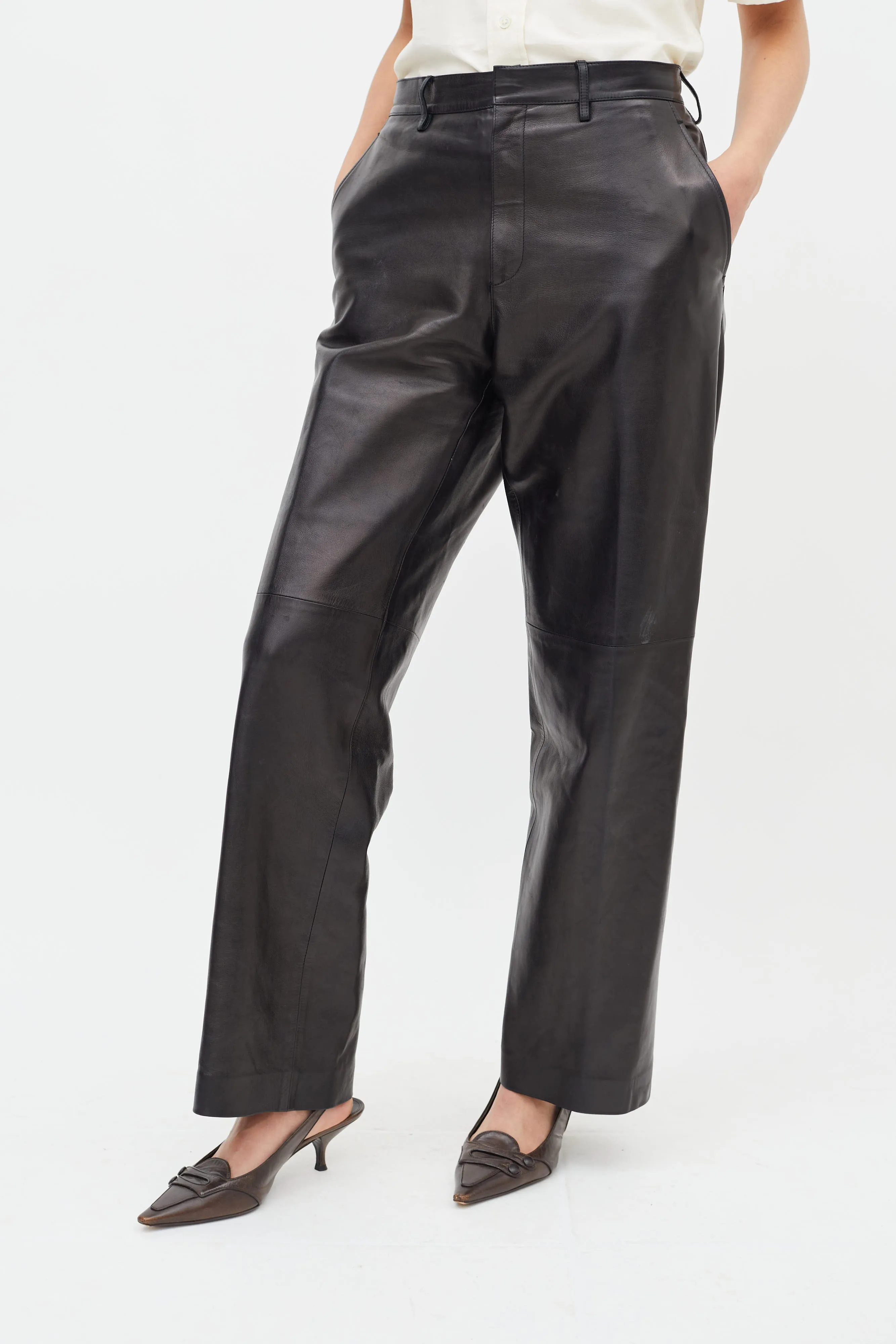 Black Leather Straight Leg Trouser