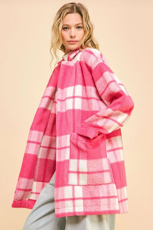 Blue Zone Planet |  Davi & Dani Plaid Open Front Drop Shoulder Longline Coat