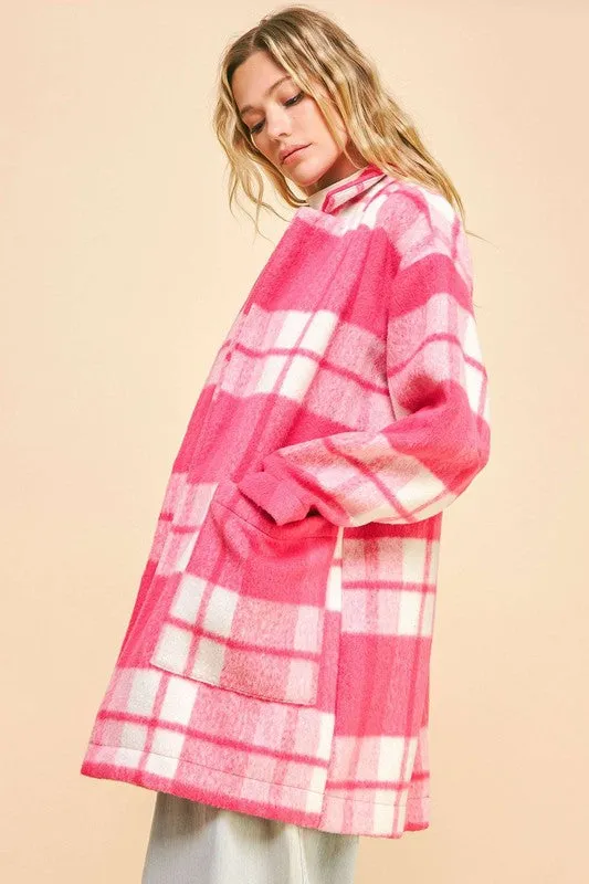 Blue Zone Planet |  Davi & Dani Plaid Open Front Drop Shoulder Longline Coat