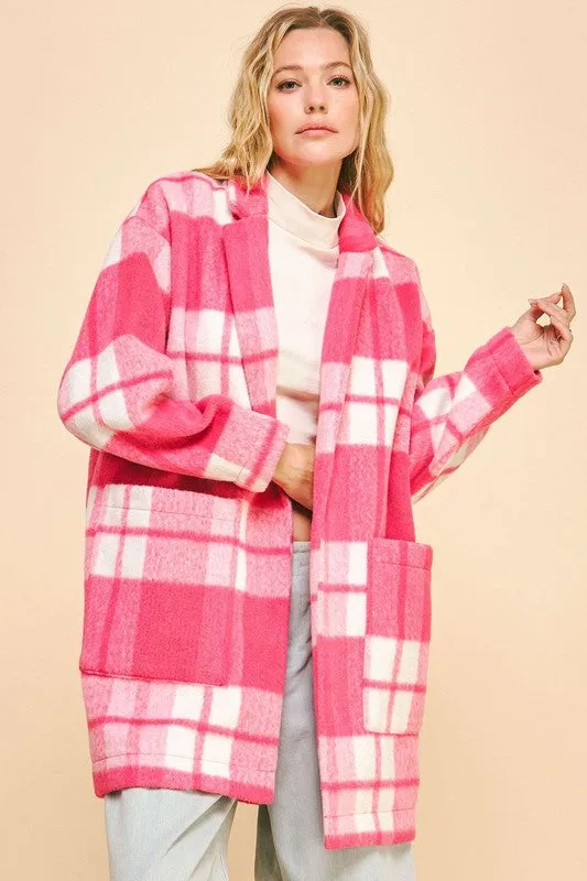 Blue Zone Planet |  Davi & Dani Plaid Open Front Drop Shoulder Longline Coat