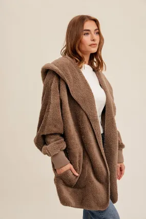 BROWN SOFT PLUSH HOODED JACKET WITH POCKETS
