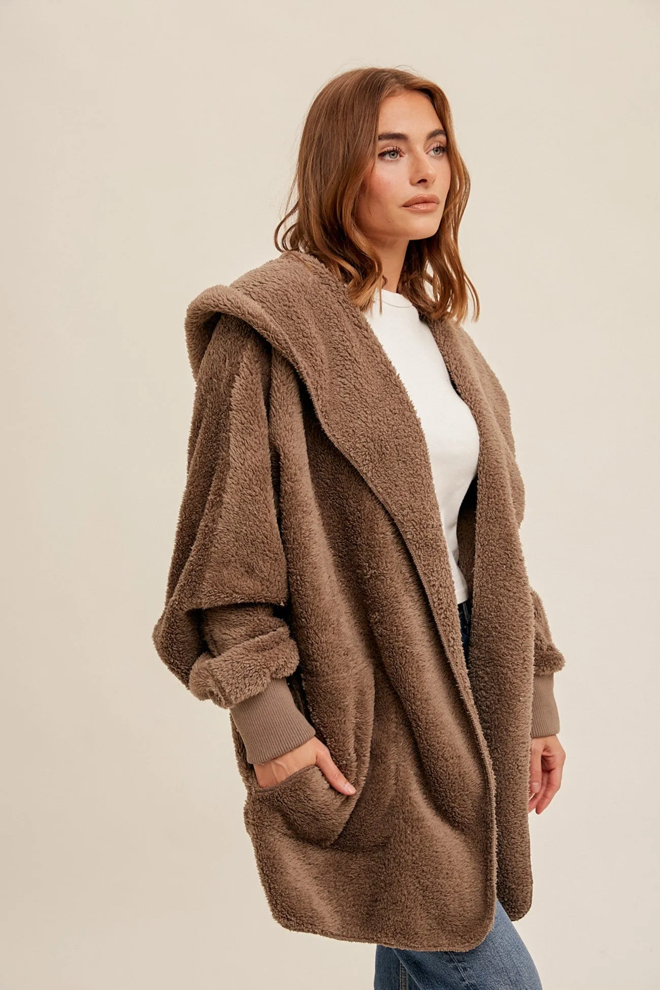 BROWN SOFT PLUSH HOODED JACKET WITH POCKETS