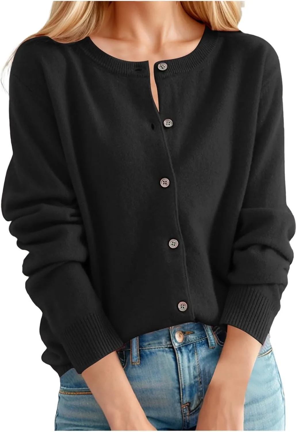 Cardigan Sweaters for Women Long Sleeve Crew Neck Soft Cashmere Sweater Open Front Button Lightweight Warm Outerwear