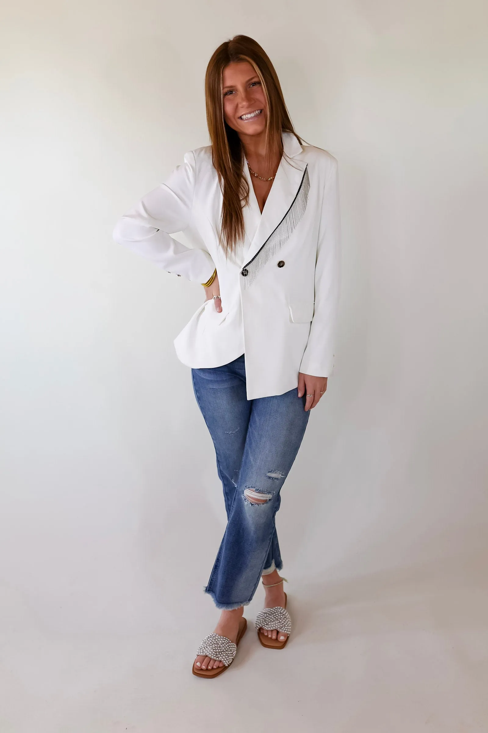 Classic Reimagined Blazer with Silver Fringe in White