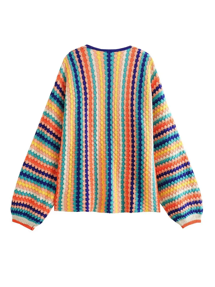 Colorful Striped Crochet Cardigan Sweater