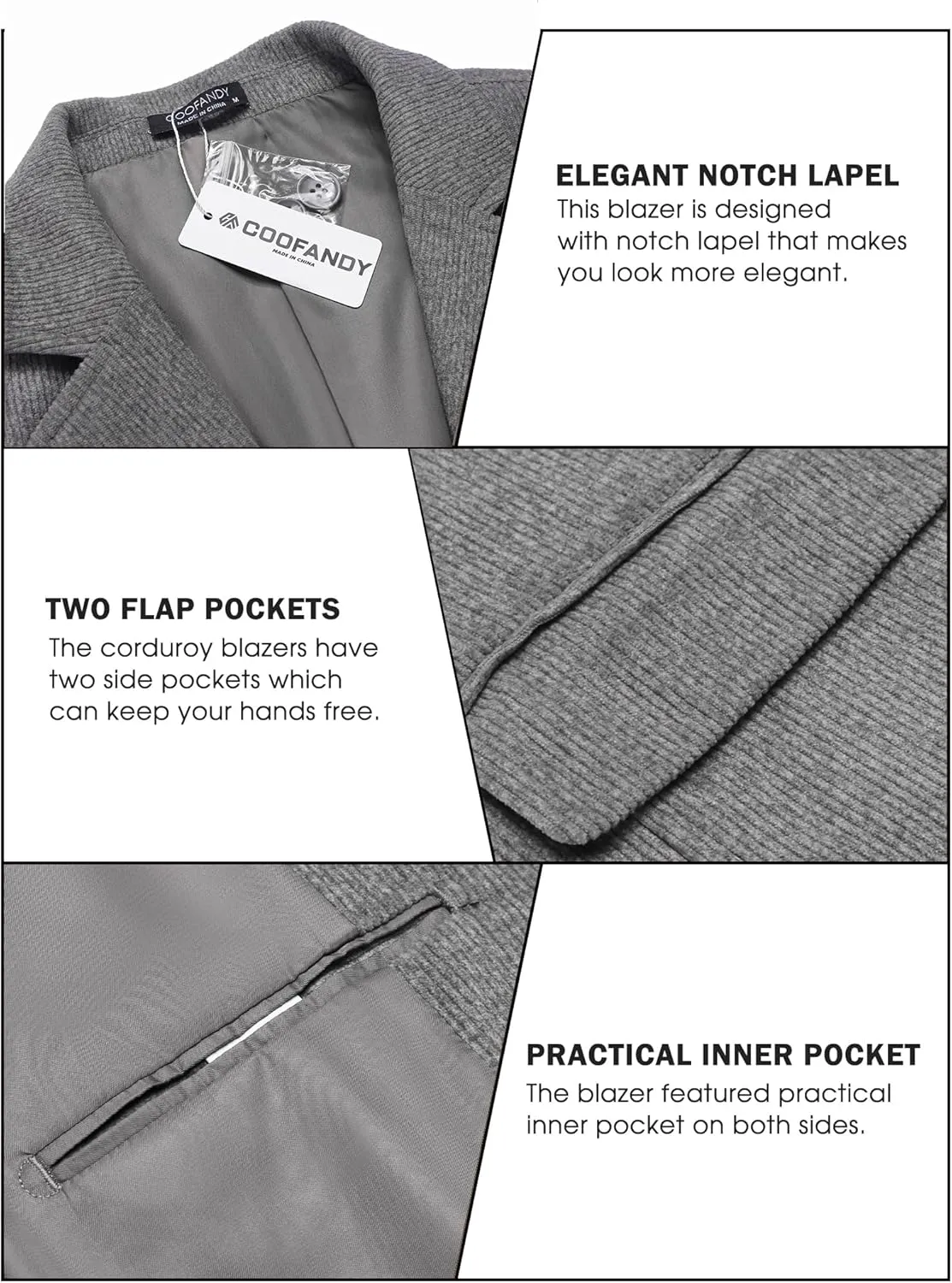 COOFADNY Men's Casual Corduroy Blazer Classic Fit Two Button Sport Coat Fashion Notch Lapel Blazer Jacket