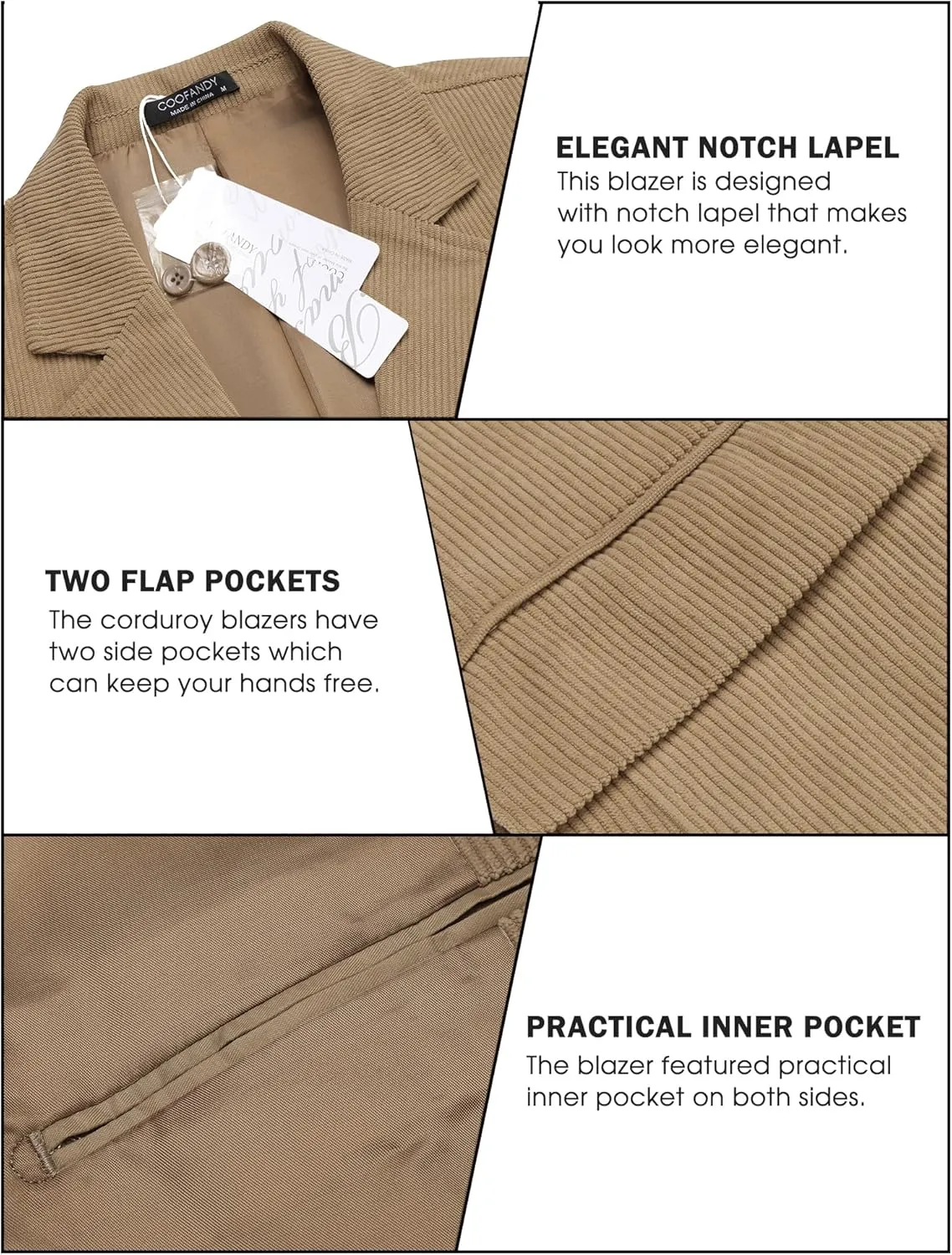 COOFADNY Men's Casual Corduroy Blazer Classic Fit Two Button Sport Coat Fashion Notch Lapel Blazer Jacket