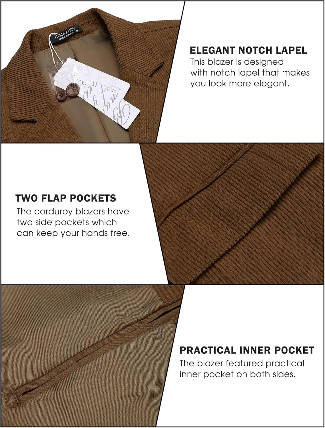 COOFADNY Men's Casual Corduroy Blazer Classic Fit Two Button Sport Coat Fashion Notch Lapel Blazer Jacket