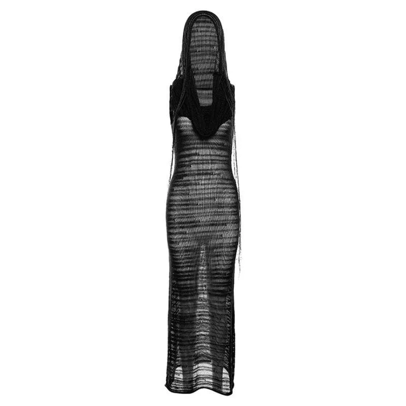 Crochet solid hoodie sleeveless see through maxi dress  | red tango dress
