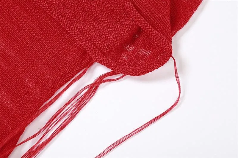 Crochet solid hoodie sleeveless see through maxi dress  | red tango dress