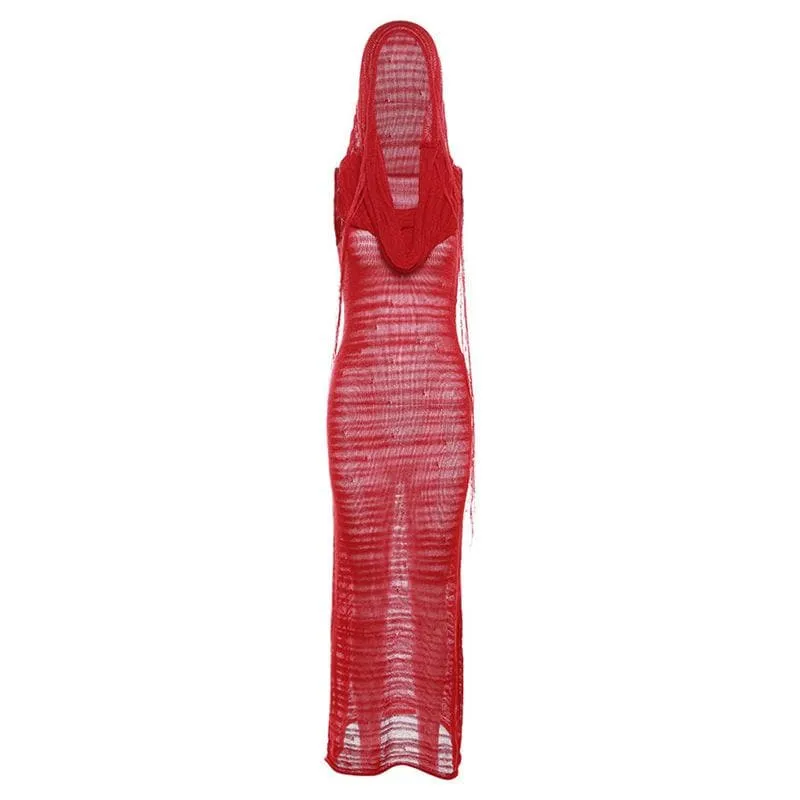 Crochet solid hoodie sleeveless see through maxi dress  | red tango dress