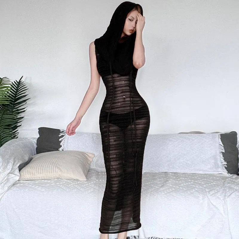 Crochet solid hoodie sleeveless see through maxi dress  | red tango dress