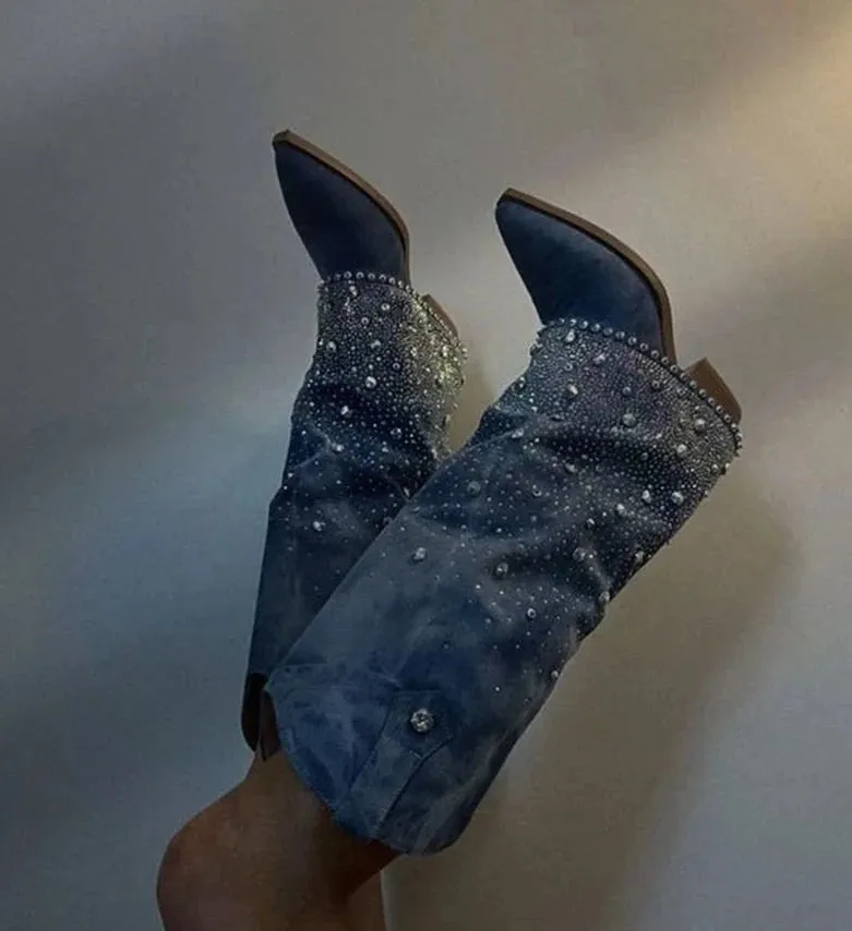 Crystal Denim Western Boots