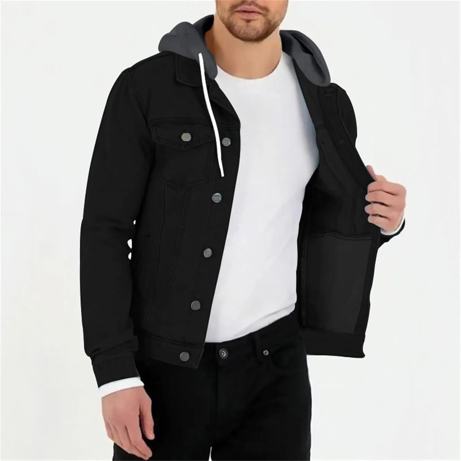 Denim Jacket Men Hoodie Casual Classic Slim Fit Distressed Jean Jacket Long Sleeve Hooded Trucker Jackets Outwear