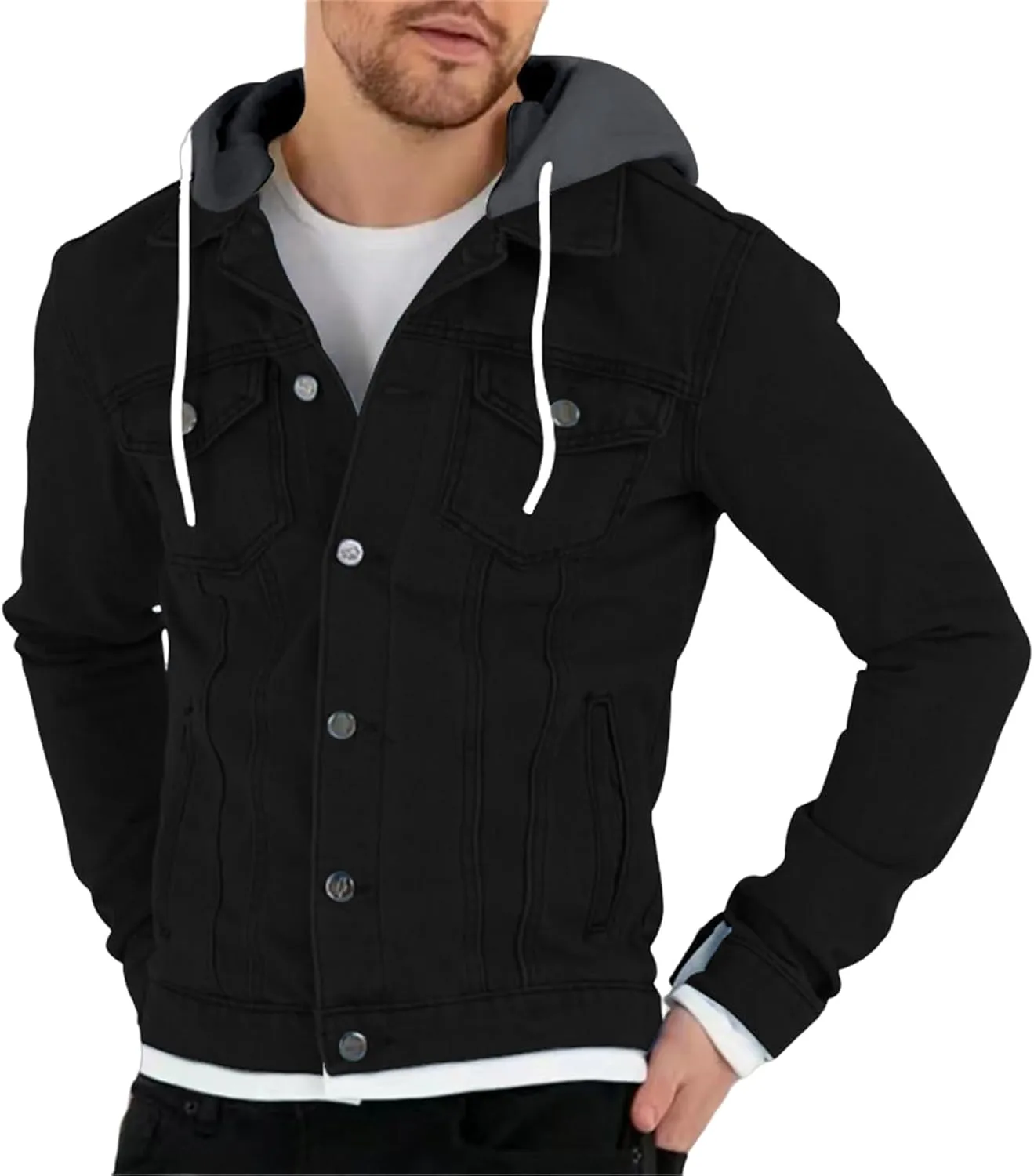 Denim Jacket Men Hoodie Casual Classic Slim Fit Distressed Jean Jacket Long Sleeve Hooded Trucker Jackets Outwear