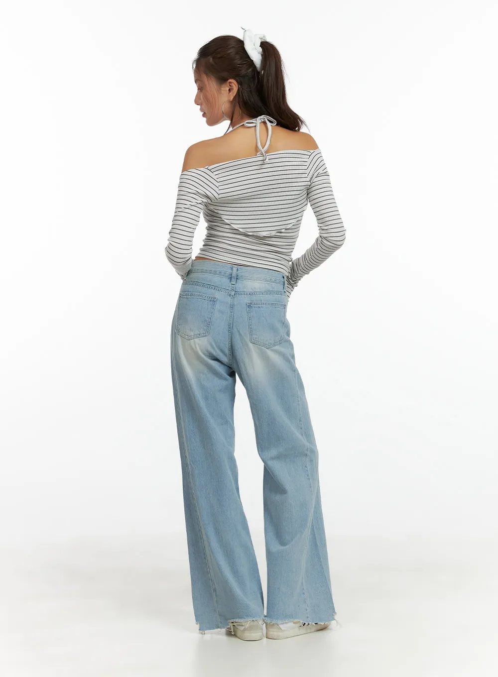 Destroyed Hem Loose Fit Straight Jeans CY431