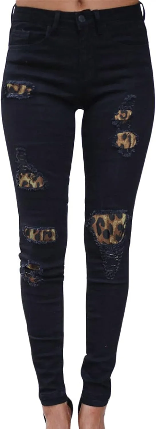 DGHM-JLMY Women's Ripped Washed Patch Jeans Boyfriend Patchwork Stretch Skinny Denim Jeans Destroyed Raw Hem Hole Jeans