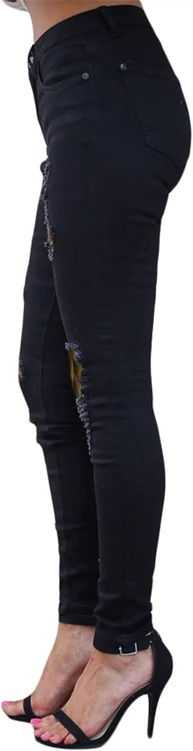 DGHM-JLMY Women's Ripped Washed Patch Jeans Boyfriend Patchwork Stretch Skinny Denim Jeans Destroyed Raw Hem Hole Jeans