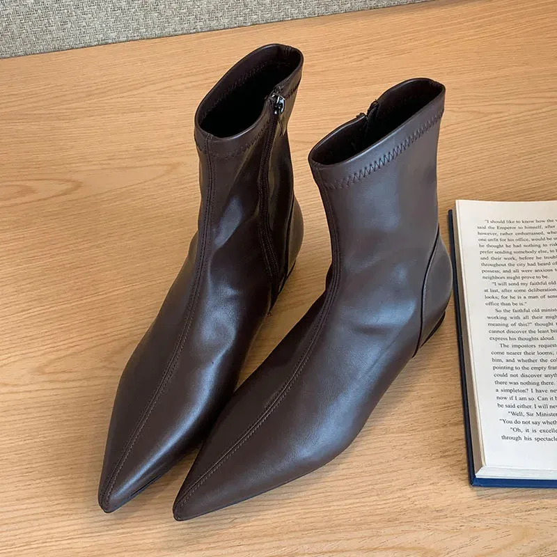 Elastic Flat Pointed Toe Modern Zippered Stretch Ankle Boot