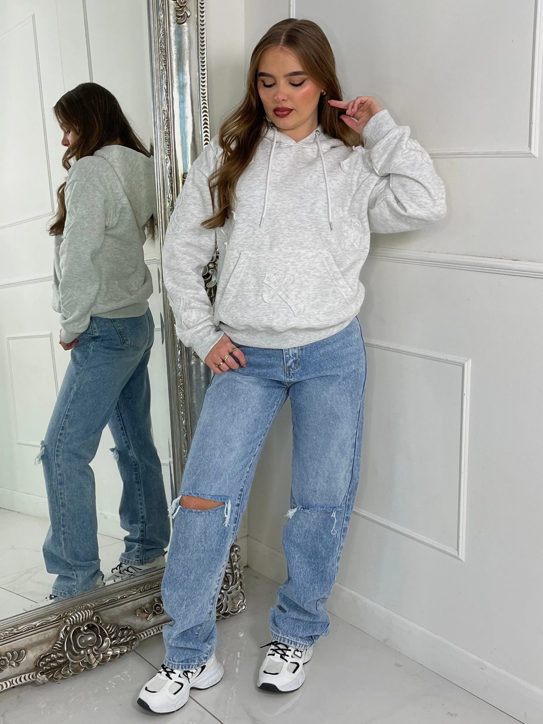 Embroidered Cross Hoodie - Light Grey