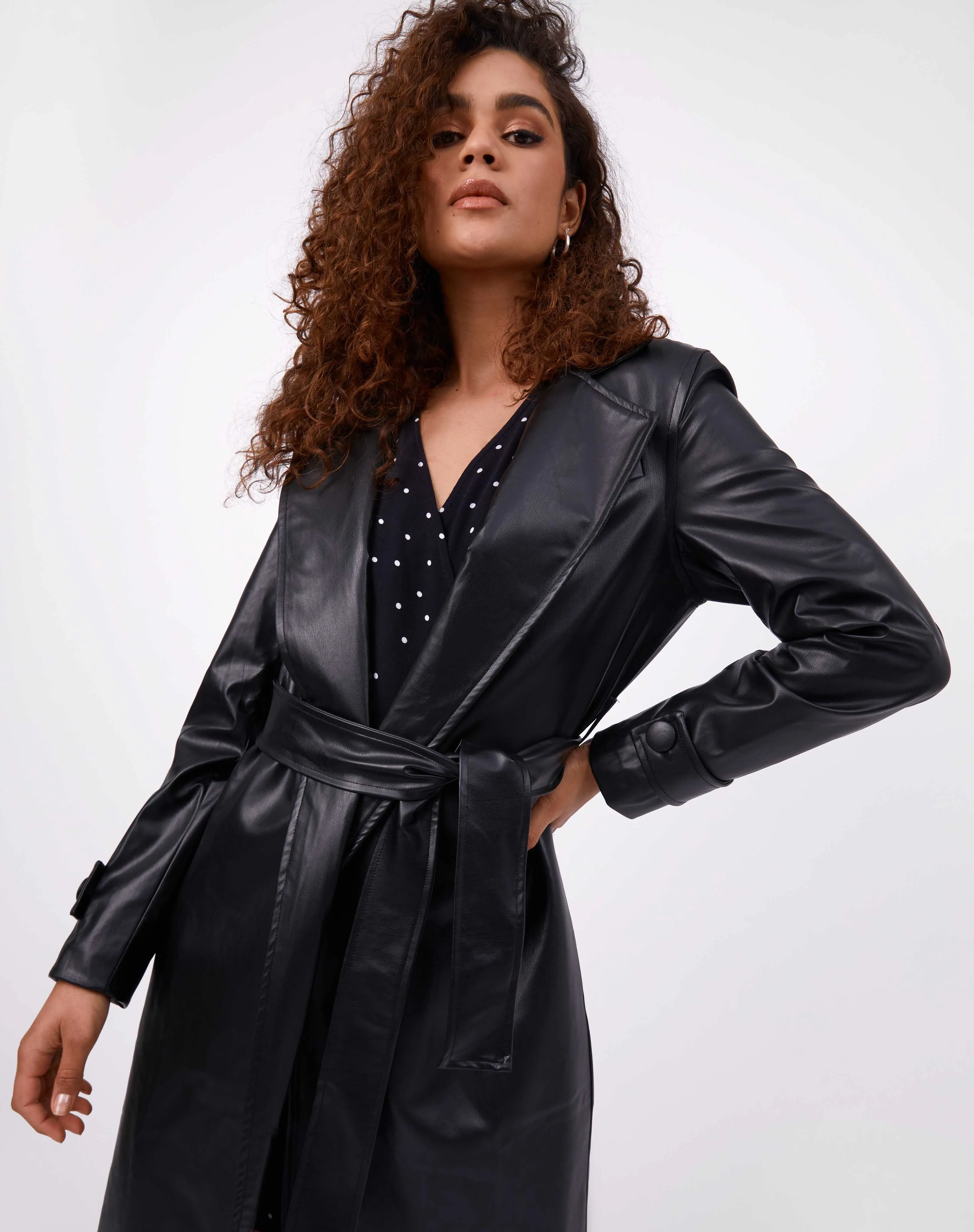 Faux Leather Long Coat With Belt | Coco