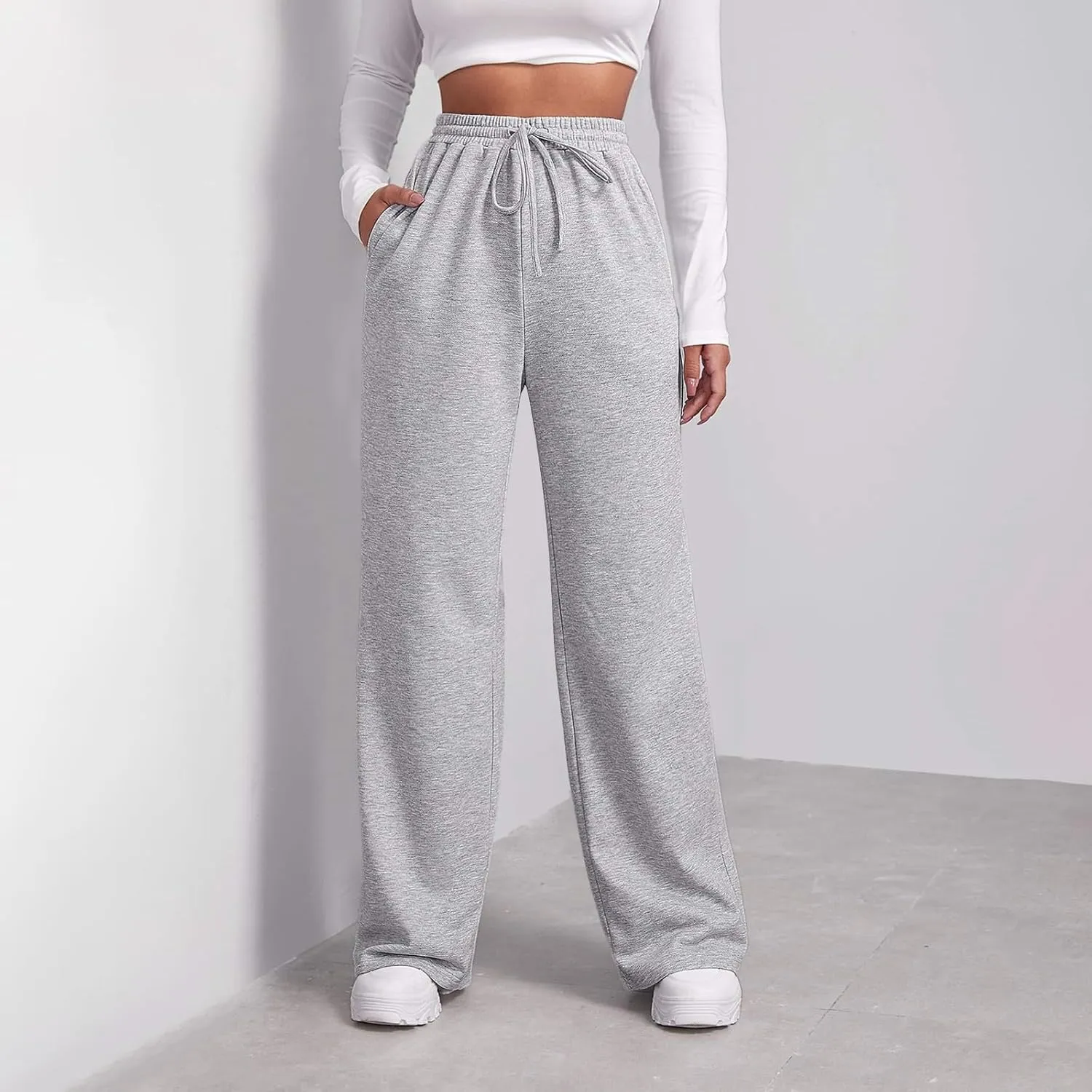 Fleece Sweatpants Women Straight Leg Fleece Linen Pants with Pockets 2025 Trendy Baggy High Waisted Jogger Pants
