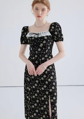 FLORAL SQUARE NECK PUFF SLEEVE DRESS