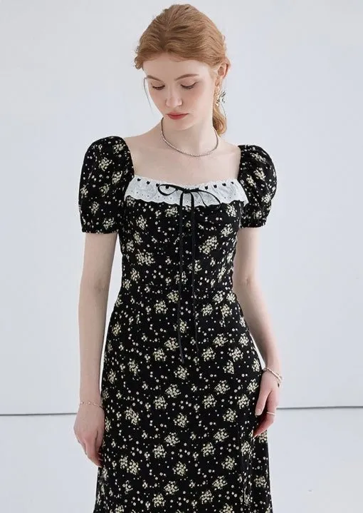 FLORAL SQUARE NECK PUFF SLEEVE DRESS