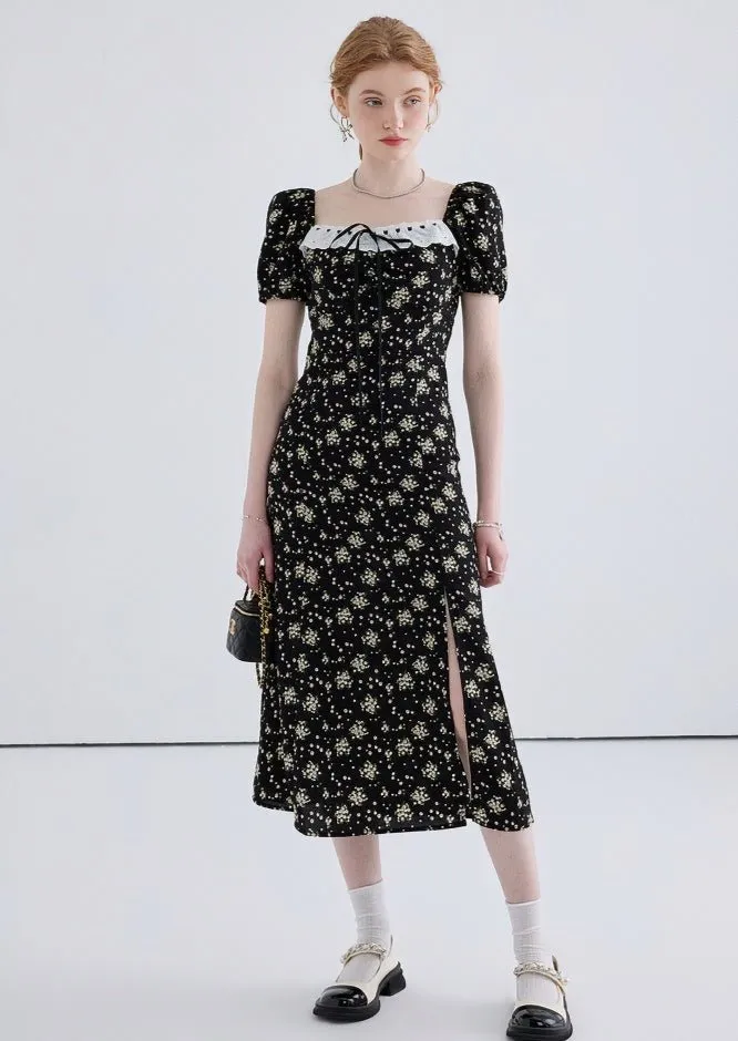 FLORAL SQUARE NECK PUFF SLEEVE DRESS
