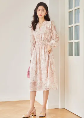 FLORAL WAIST A-LINE CHIFFON DRESS
