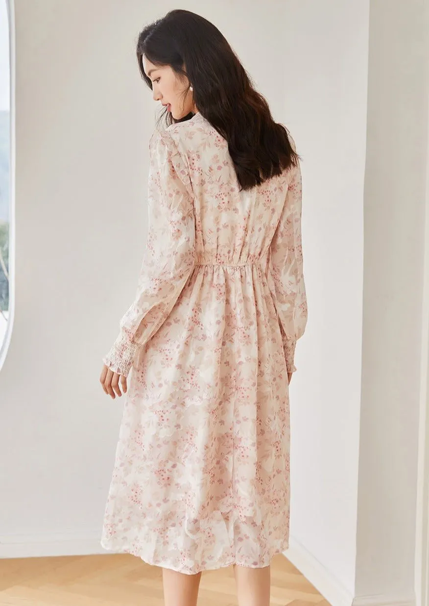 FLORAL WAIST A-LINE CHIFFON DRESS