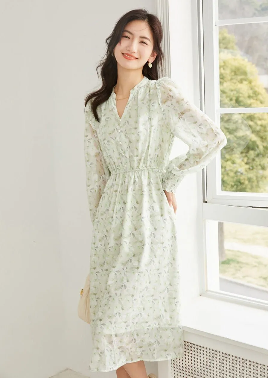 FLORAL WAIST A-LINE CHIFFON DRESS