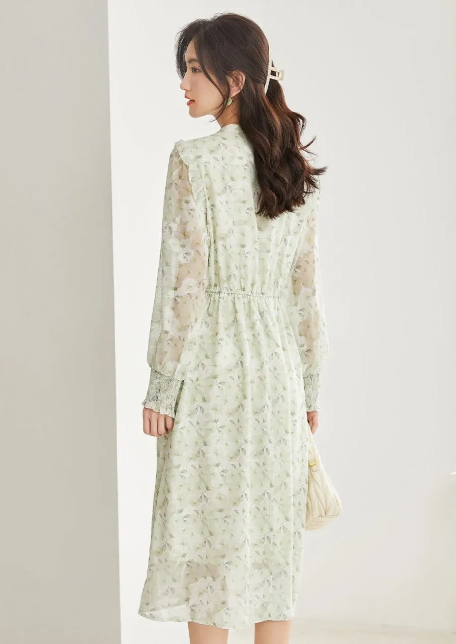 FLORAL WAIST A-LINE CHIFFON DRESS