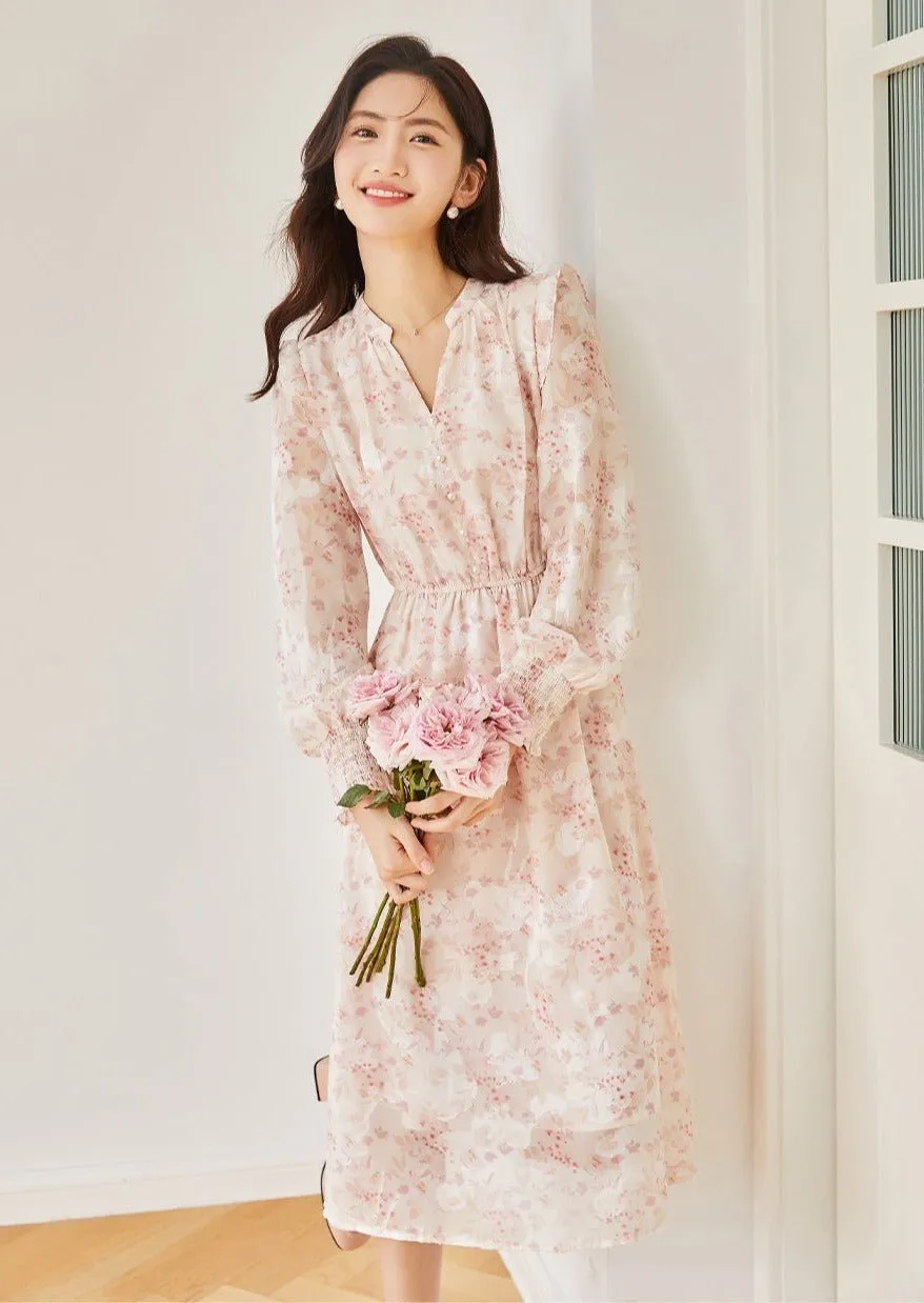 FLORAL WAIST A-LINE CHIFFON DRESS