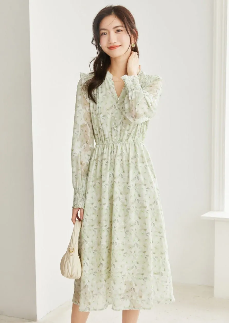 FLORAL WAIST A-LINE CHIFFON DRESS