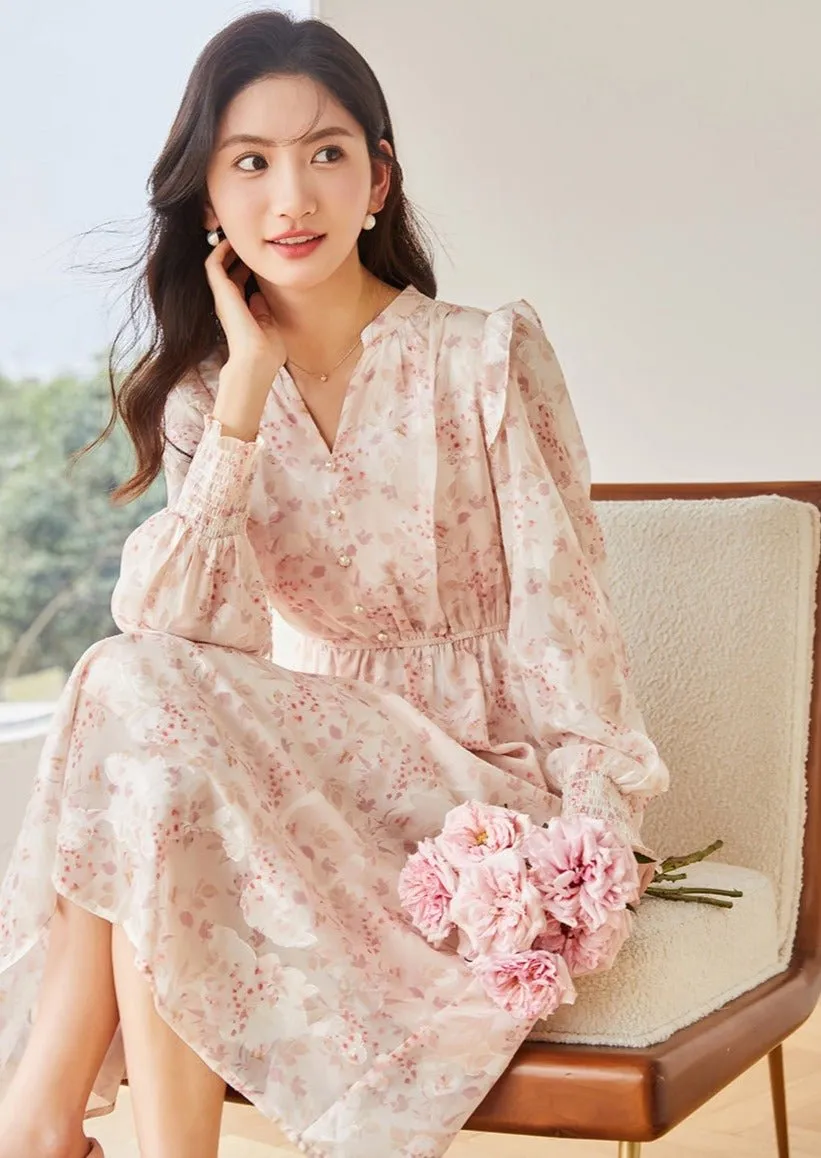 FLORAL WAIST A-LINE CHIFFON DRESS