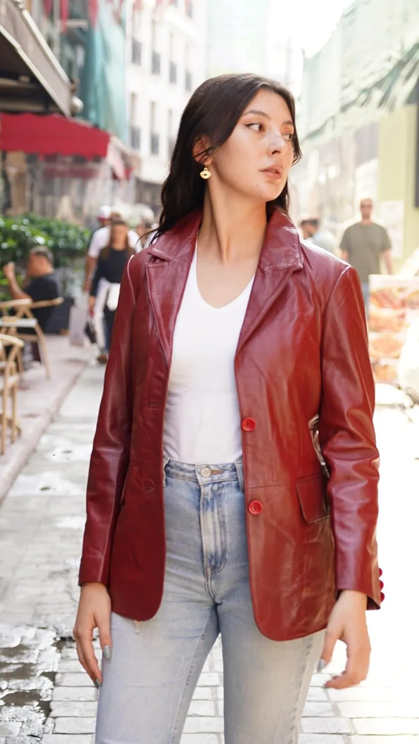 Genuine Soft Leather Blazer Women, Classic 2-Button Design, Casual Suit Style Real Lambskin Leather Jacket