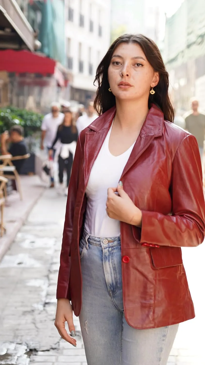 Genuine Soft Leather Blazer Women, Classic 2-Button Design, Casual Suit Style Real Lambskin Leather Jacket