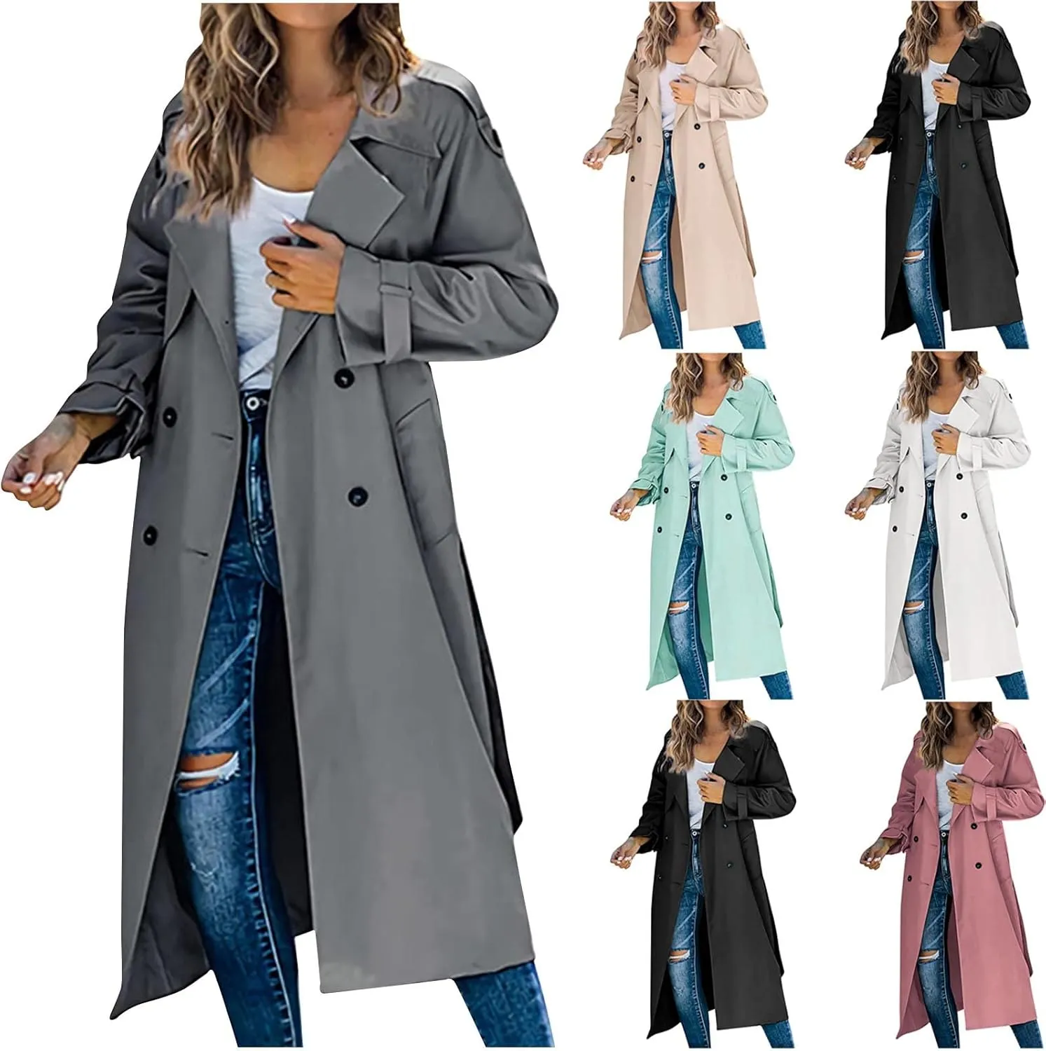 HGps8w Women Classic Trench Coat Windproof Lapel Double Breasted Long Overcoat with Belt and Pockets