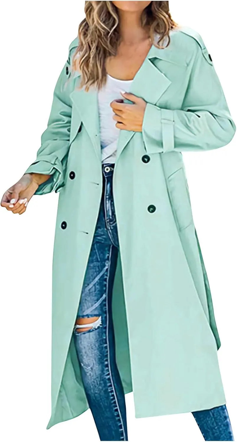 HGps8w Women Classic Trench Coat Windproof Lapel Double Breasted Long Overcoat with Belt and Pockets