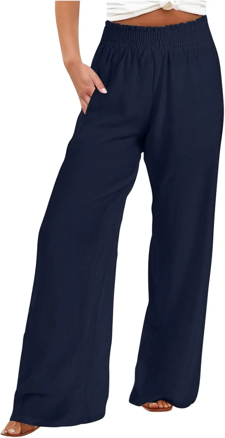 High Cut Flare Wide Leg Trousers Pants for Women Summer Fall Linen Loose Fit Trousers Pants Women 2025